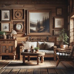 Wall Mural - Modern living room with wooden floor, framed art and stylish rustic  wooden furniture in a cozy home