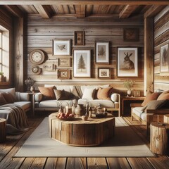 Wall Mural - Modern living room with wooden floor and stylish rustic  wooden furniture in a cozy home