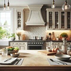 Wall Mural - A modern kitchen interior with a focused wooden tabletop, sink, and stylish furniture