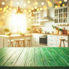 Wall Mural - A modern kitchen interior with a focused wooden tabletop, sink, and stylish furniture