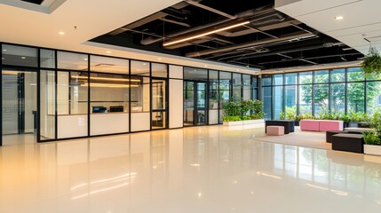 Canvas Print - Modern Office Lobby with Glass Partitions and Seating