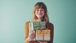 © Nurul - Woman holding gifts, smiling, teal background, holiday