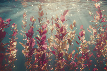 Poster - Underwater plants, sun rays, lake, aquatic scene, nature background