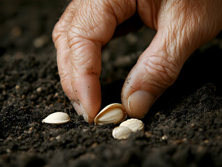 Poster - Hand planting seeds in dark soil. Gardening, growth, spring