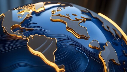 close-up of a 3d globe with golden continents and a swirling blue ocean, highlighting the americas a