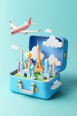 Wall Mural - 3D isometric model of an open blue suitcase with paper cut-out clouds. Inside the bag, there are miniature models of famous landmarks from around the world