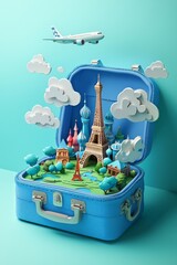 Wall Mural - 3D isometric model of an open blue suitcase with paper cut-out clouds. Inside the bag, there are miniature models of famous landmarks from around the world