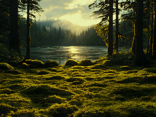 Poster - Sunrise over mossy lake, forest. Calming nature scene