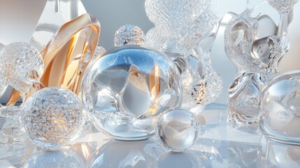 Glass sculptures reflect light, modern art