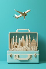 Wall Mural - 3D paper-cut style, a travel suitcase with famous landmarks and cityscapes inside it, an airplane flying above the bag on a blue background, a minimalistic design