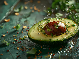 Wall Mural - Fresh avocado with herbs, water splash. Food photography