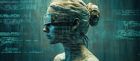 Stone woman wearing VR headset, futuristic code background.