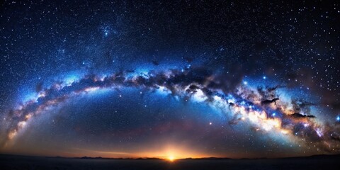 A vast expanse of twinkling stars against a dark blue night sky, with the Milky Way galaxy stretching across the horizon in a sweeping arc of light and shadow , cosmic background, space