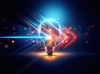 Wall Mural - a double exposure image depicts a glowing lightbulb at the center, intersected by streaks of vibrant