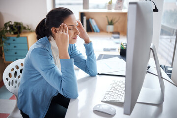 Fototapete - Tired, stress or woman with headache in call center for sales deadline or customer service on break. Crisis, consultant and exhausted agent in telecom office with fatigue, migraine pain and burnout