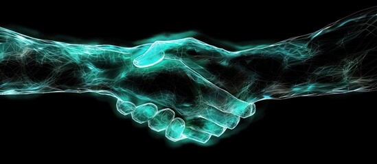 Wall Mural - Abstract glowing teal handshake on black background.