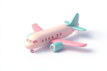Wall Mural - A cute cartoon airplane icon, a 3D rendering of the plane on a white background, in an isometric view, smooth and shiny