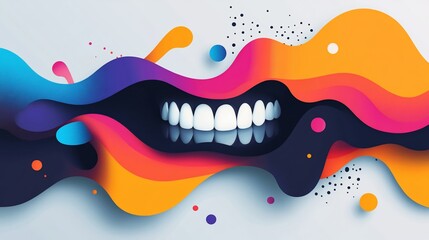 Abstract vibrant fluid waves design with bright colors and teeth in the center