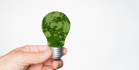Wall Mural - Hand holding light bulb in front of global show the world's consumption energy sources for renewable.