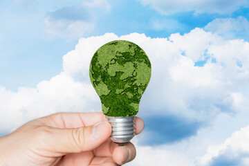 Wall Mural - Hand holding light bulb in front of global show the world's consumption with icons energy sources for renewable.