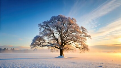 Wall Mural - A serene winter morning with a majestic oak tree standing tall amidst snow-covered landscape and misty atmosphere , nature