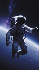 a lone astronaut floats in the inky blackness of space, the earth a distant blue marble below. a cos