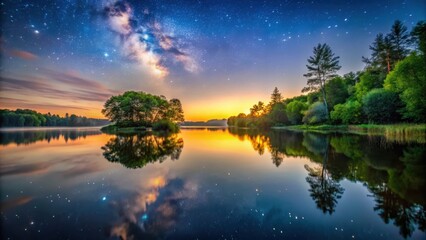 Wall Mural - Serene lake at dusk with trees reflected in the water's surface