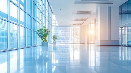 Wall Mural - Modern Spacious Sunlit Office Lobby with Glass Walls and Green Indoor Plants : Generative AI