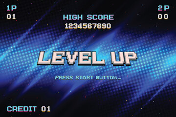 Wall Mural - level up. pixel art .8-bit game. retro futurism sci-fi background. glowing neon grid. and stars from