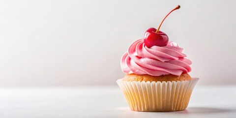 Wall Mural - Delicate cupcake with a bright red cherry and fluffy pink whipped cream topping on a plain white background, sweet, dessert