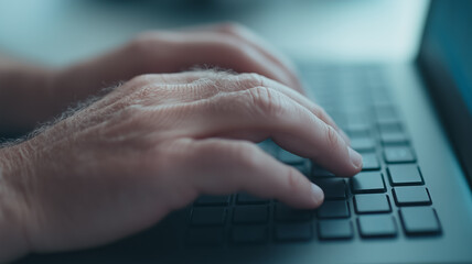 Wall Mural - Fingers on Keys:Close-up shot of hands typing on a laptop keyboard, conveying focus, concentration, and the digital age.  