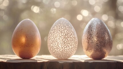 Wall Mural - Decorated Easter eggs on wood, spring bokeh background, holiday card