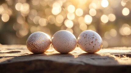 Wall Mural - Golden speckled eggs on wood, sunset bokeh. Easter, spring