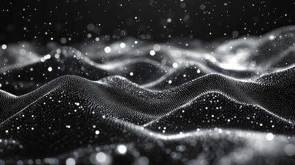 Silver particles flowing, dark background, abstract landscape, digital art