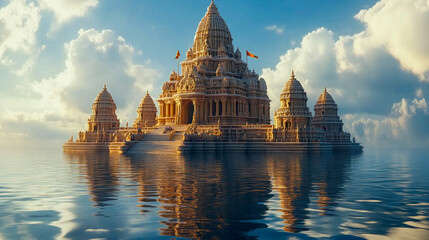 Wall Mural - Hindu temple with carved walls a high spire and flag on the coast of blue sea