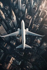 Wall Mural - Aerial view of an airplane flying over the city, with skyscrapers and buildings below. 