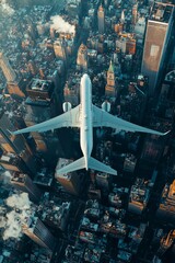 Wall Mural - Aerial view of an airplane flying over the city, with skyscrapers and buildings below. 
