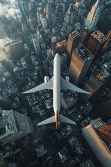 Wall Mural - Aerial view of an airplane flying over the city, with skyscrapers and buildings below. 