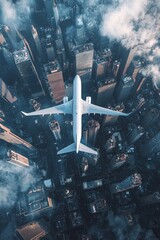 Wall Mural - Aerial view of an airplane flying over the city, with skyscrapers and buildings below. 
