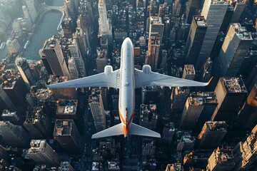 Wall Mural - Aerial view of an airplane flying over the city, with skyscrapers and buildings below. 
