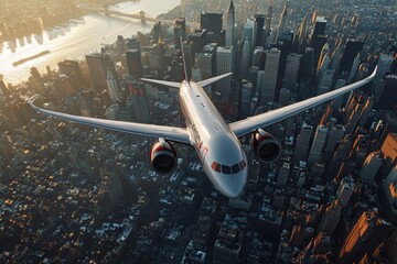 Wall Mural - Aerial view of an airplane flying over the city, with skyscrapers and buildings below. 