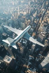 Wall Mural - Aerial view of an airplane flying over the city, with skyscrapers and buildings below. 