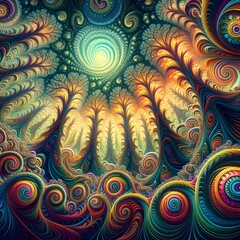 Wall Mural - a psychedelic forest, where the trees bend and swirl into fractal patterns, their leaves morphing in