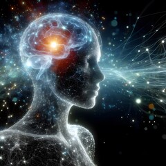 Wall Mural - an abstract representation of consciousness, with neural patterns radiating outward in a series of i