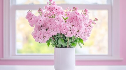 Wall Mural - Pink Flowers in White Vase by Window