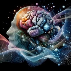 Wall Mural - an abstract representation of consciousness, with neural patterns radiating outward in a series of i