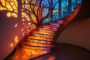 Wall Mural - Colorful stained glass staircase, modern home, tree shadow, interior design