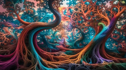 Wall Mural - a psychedelic forest, where the trees bend and swirl into fractal patterns, their leaves morphing in