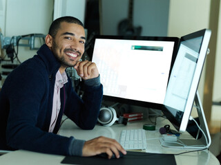 Aufkleber - Computer screen, portrait and smile of programmer at desk in office for coding or web development. Business, design and internet with happy programming employee in workplace at night for deadline