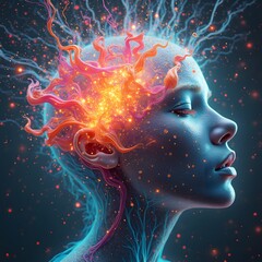 Wall Mural - an abstract representation of consciousness, with neural patterns radiating outward in a series of i